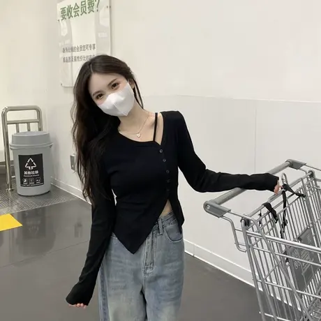 不规则开叉设计感针织衫女春秋薄款小众内搭修身长袖打底开衫上衣商品大图