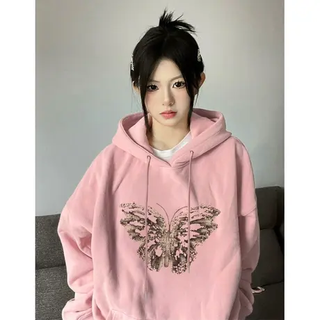 粉色卫衣女春秋薄款连帽美式复古潮牌oversize宽松慵懒风外套上衣商品大图