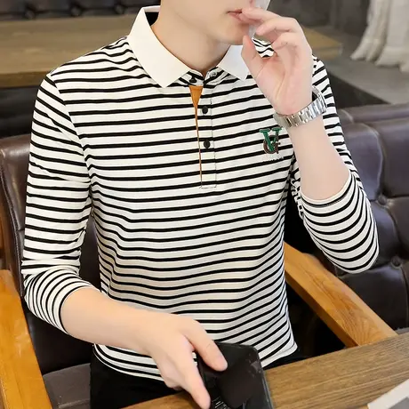 秋季男士条纹polo衫潮流2023新款纯棉长袖t恤刺绣花青年大码上衣商品大图