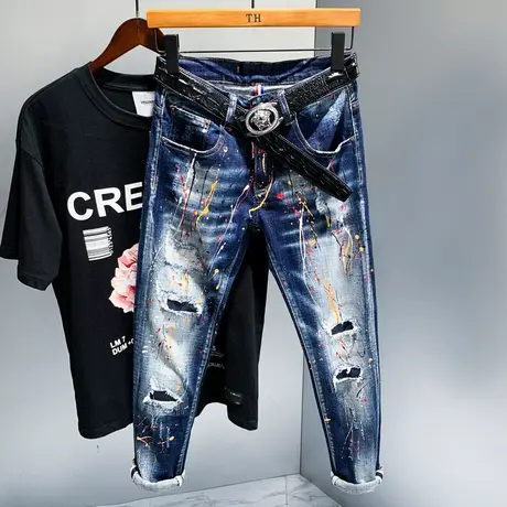 夏季欧美高端水复古做旧牛仔长裤子男士破洞修身小脚潮牌泼墨个性商品大图