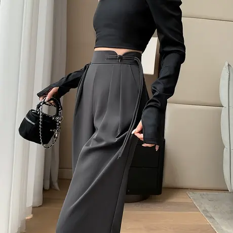 灰色西装裤女春秋新款高腰垂感休闲直筒裤子新中式窄版拖地阔腿裤商品大图