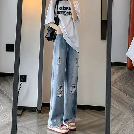 破洞牛仔裤女高腰春夏季薄款2024年新款直筒浅色不规则加长阔腿裤商品大图