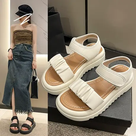 魔术贴厚底凉鞋女2023夏季新款时尚休闲沙滩鞋网红平底软底罗马鞋商品大图