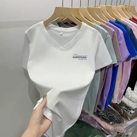 白色纯棉T恤女夏季短袖修身显瘦V领正肩上衣气质高级感上衣百搭商品大图