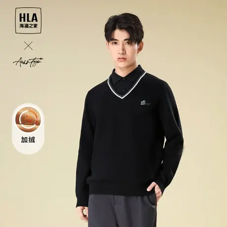 【加绒加厚】HLA/海澜之家商务针织衫23冬新假两件刺绣黑色毛衣男图片
