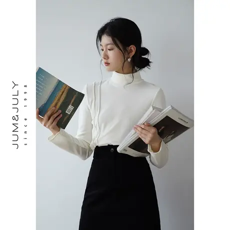 嘉茱莉2023秋季新款双面磨毛不规则打底衫女半高领内搭T恤上衣商品大图