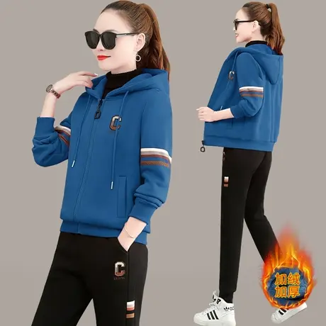 加绒运动套装女秋冬季时尚抓绒保暖拉链卫衣外套加厚休闲服两件套商品大图