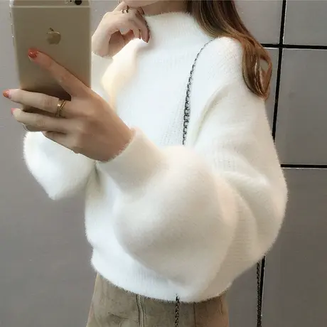 高腰短款毛衣女加厚套头半高领冬季宽松小款外穿打底针织衫灯笼袖图片