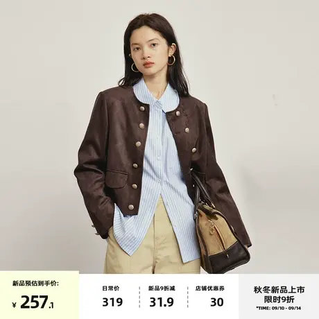 omont蛋挞家 复古小香风麂皮短外套女2023秋冬新款圆领夹克上衣商品大图