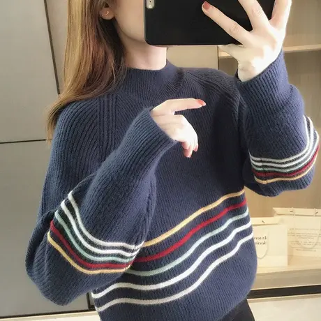 半高领套头毛衣女士秋冬季新款女装日系加厚打底衫宽松上衣针织衫商品大图