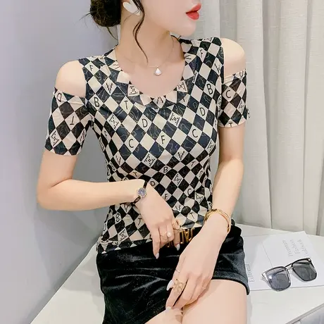 露肩短袖女上衣2023夏装新款性感网纱T恤洋气印花显瘦半袖小衫潮商品大图