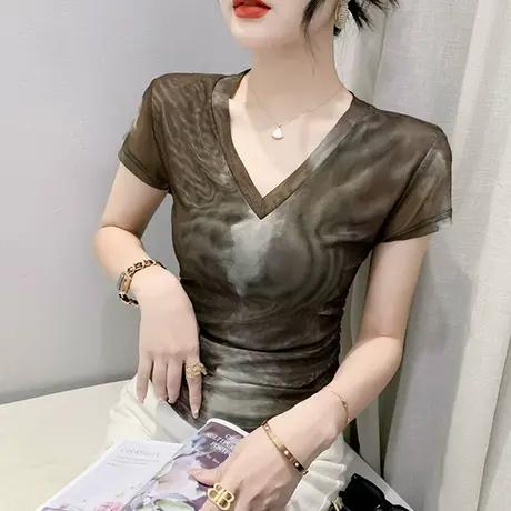 欧货性感网纱T恤女短袖2023夏装新款修身V领小衫扎染印花别致上衣商品大图