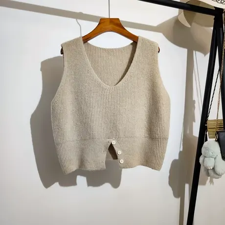 针织背心马甲女秋冬新款韩版宽松v领叠穿纽扣开叉无袖毛衣坎肩潮商品大图