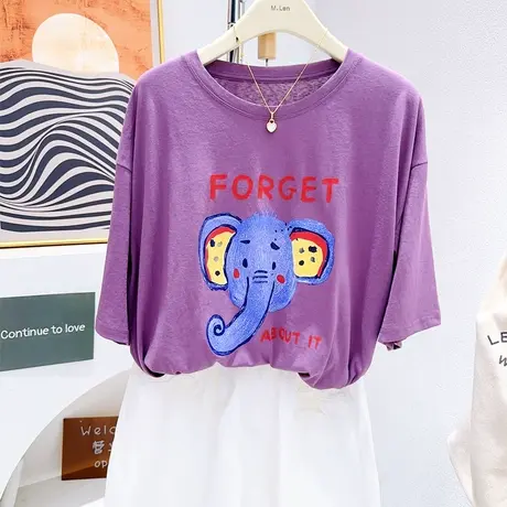 韩代同款~2023夏季彩色小象雪花棉薄款短袖软糯T恤多巴胺微胖藏肉商品大图