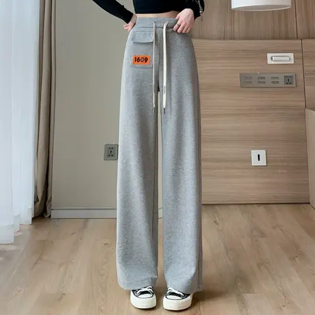 高腰阔腿裤女2023新款春夏薄款灰色裤子松紧腰运动裤休闲裤直筒裤商品大图