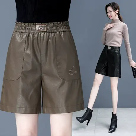PU皮短裤女秋季2023新款高腰阔腿靴裤松紧腰显瘦宽松直筒五分裤潮图片