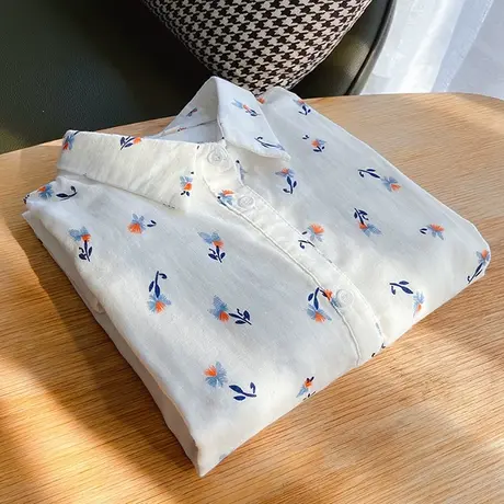 文艺小清新全棉碎花衬衫女春秋叠穿上衣双层棉纱洋气宽松打底衬衣图片