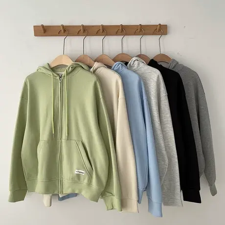 vintage卫衣女2021宽松韩版潮ins设计感小众春秋薄款开衫连帽外套图片