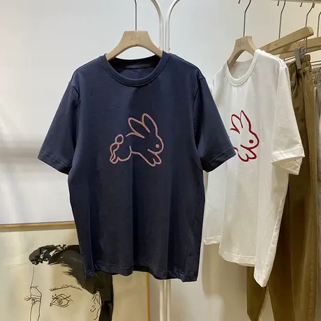 春夏韩版简约大气植绒兔子圆领短袖t恤女宽松慵懒显瘦打底衫上衣商品大图