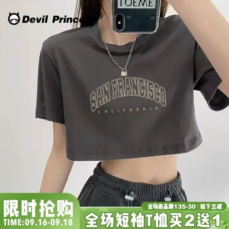 vintage美式字母印花宽松深灰纯棉短袖女t恤复古百搭圆领露脐上衣图片