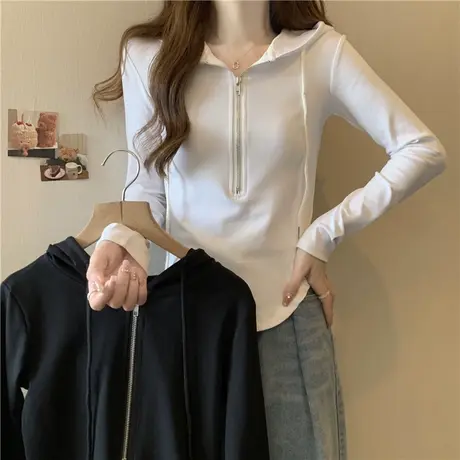 半拉链连帽长袖T恤女春秋修身显瘦小个子短款内搭打底衫纯棉上衣商品大图