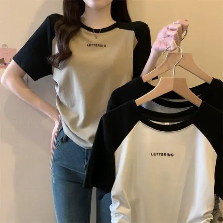 抽绳设计感正肩短袖t恤女夏季修身ins小众独特拼色插肩袖短款上衣图片