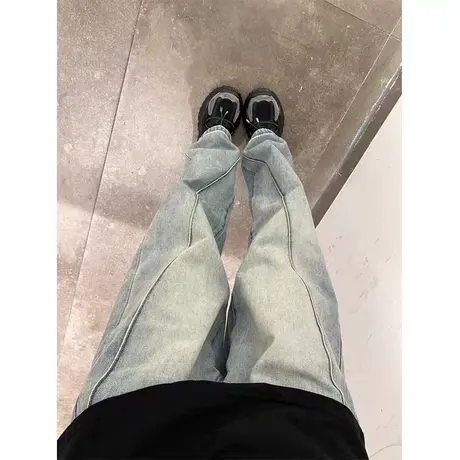 美式复古直筒牛仔裤女春秋冬设计感小众高街ins潮宽松拖地阔腿裤图片