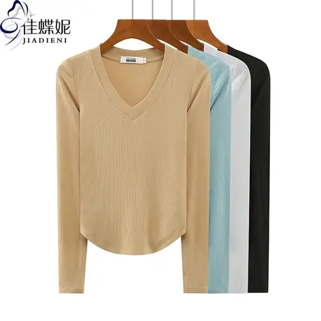 春秋新款韩版V领下摆圆弧纯欲修身纯色纯棉长袖体恤上衣内搭女装商品大图