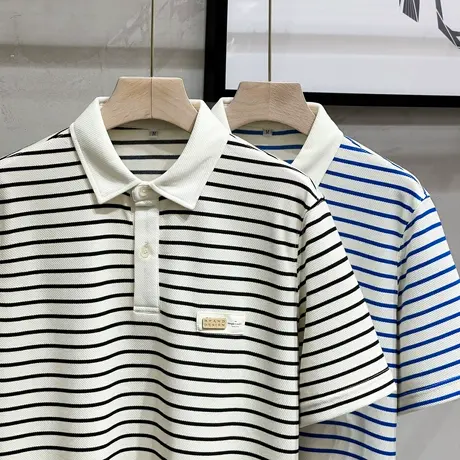 日系条纹polo衫男士夏季新款上衣休闲潮流保罗衫宽松棉短袖T恤男商品大图
