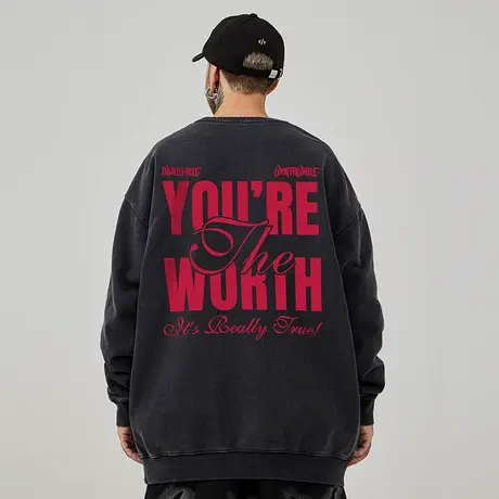 字母嘻哈港风圆领卫衣男潮牌ins重磅大码男装春秋季加绒复古做旧商品大图