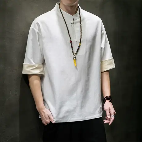 夏新款中国风男棉麻短袖T恤盘扣复古打底衫中袖衣服半袖民族服装商品大图