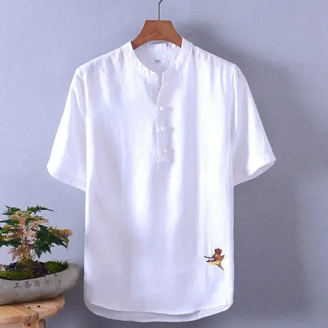中国风夏季男装衬衫亚麻休闲宽松衬衣新款盘扣刺绣棉麻衬衣薄款潮商品大图