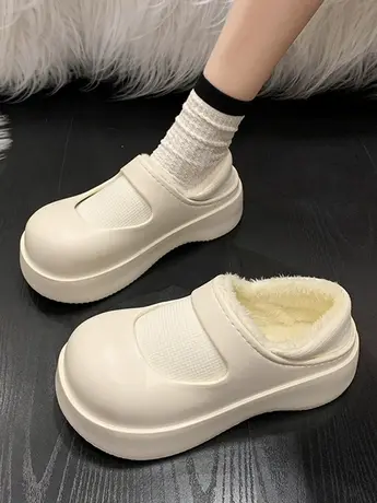 简约包跟棉拖鞋女秋冬季2023新款一脚蹬松糕厚底防水保暖毛绒拖鞋图片