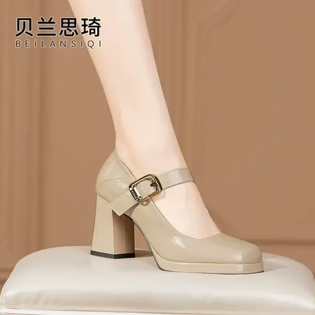 真皮一字带浅口厚底粗跟单鞋女2023春秋季新款漆皮防水台高跟鞋图片
