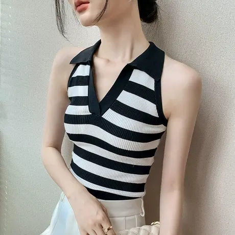 条纹吊带背心女夏季洋气修身美式挂脖翻领漏锁骨性感无袖上衣薄款商品大图
