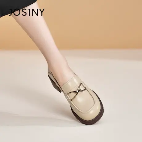 卓诗尼乐福鞋粗跟小皮鞋女2024春季新款增高黑色单鞋一脚蹬懒人鞋商品大图