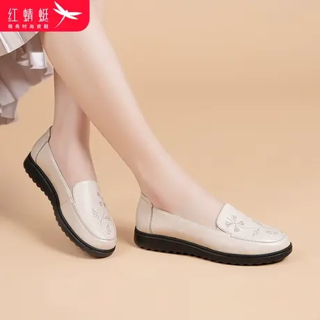 红蜻蜓女鞋低跟妈妈鞋真皮软底浅口中老年单鞋女平底奶奶鞋通勤鞋商品大图