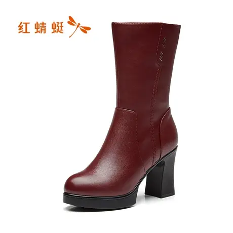 红蜻蜓女鞋2023冬季新款真皮粗跟女棉靴加绒保暖中筒靴时装靴商品大图