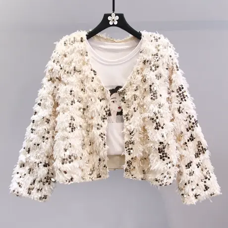 小香风重工亮片流苏短款毛衣外套女秋冬2023新款时尚气质针织上衣图片