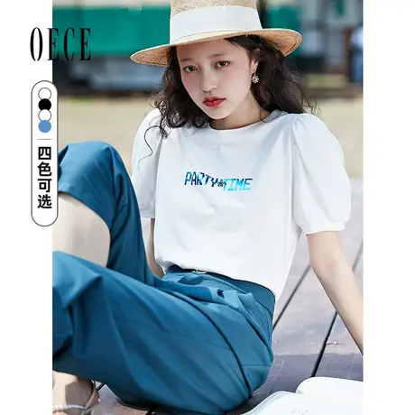 Oece减龄短袖上衣夏装新款女装清新减龄印花设计感泡泡袖T恤图片