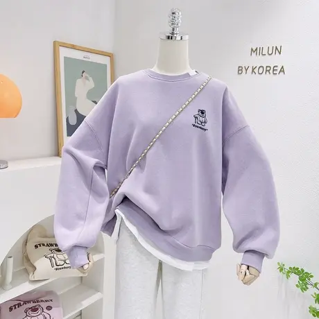 秋冬款摇粒绒上衣韩版ins前后小熊奶呼呼加厚圆领假两件长袖卫衣商品大图