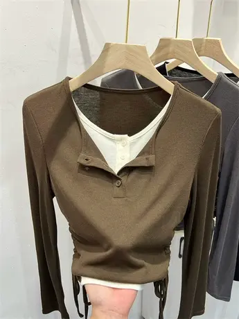 假两件拼接针织衫轻薄褶皱上衣小衫女2023初秋新款长袖圆领打底衫图片