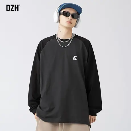 男士拼接纯棉长袖t恤男美式秋季圆领卫衣宽松男装2023新款体恤衫商品大图