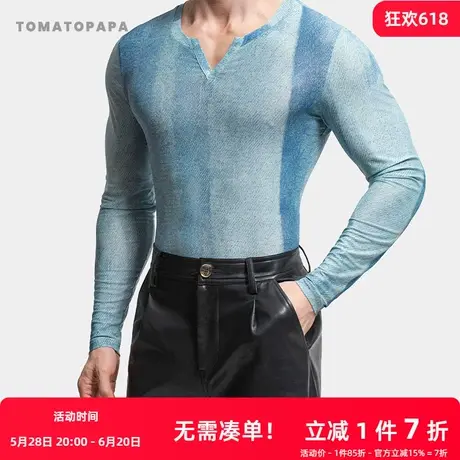 TOMATOPAPA秋冬长袖T恤小V领网纱紧身打底衫拼接印花运动健身体恤商品大图