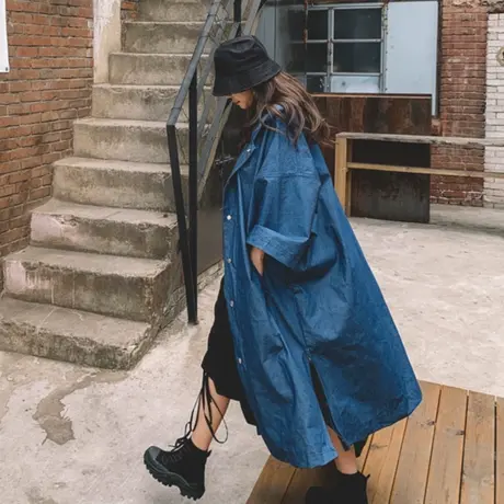 春秋新款连帽牛仔风衣女中长款韩版宽松大码休闲过膝时尚百搭外套商品大图