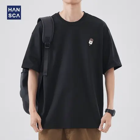 hansca 趣味雪糕贴章宽松短袖t恤男夏季新款简约纯色百搭圆领体恤商品大图