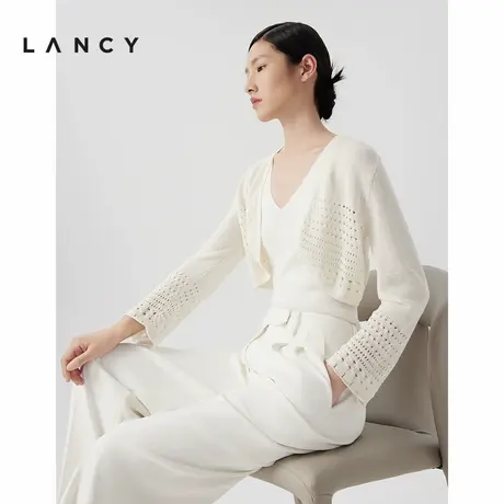 LANCY/朗姿2024夏季新款白色长袖真丝针织开衫女短款气质外搭上衣商品大图