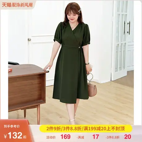 2023年夏装新款V领法式设计感泡泡袖显瘦大码胖MM连衣裙长款A字裙商品大图