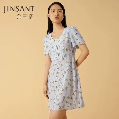 金三塔春夏新品100%桑蚕丝睡衣女真丝甜美印花短袖可外穿睡裙商品大图