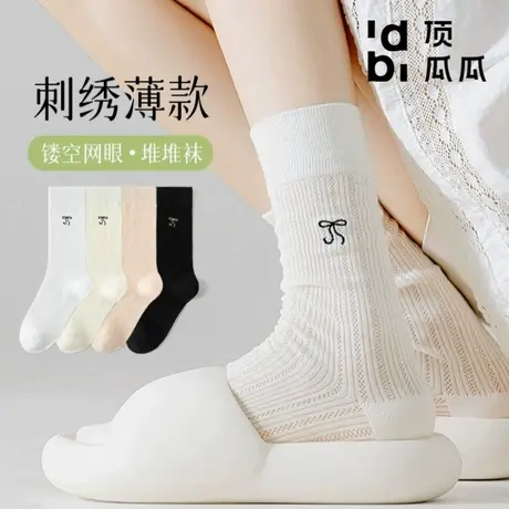 顶瓜瓜芭蕾风长筒袜子女白色蝴蝶结堆堆袜ins潮夏季薄款网眼透气商品大图